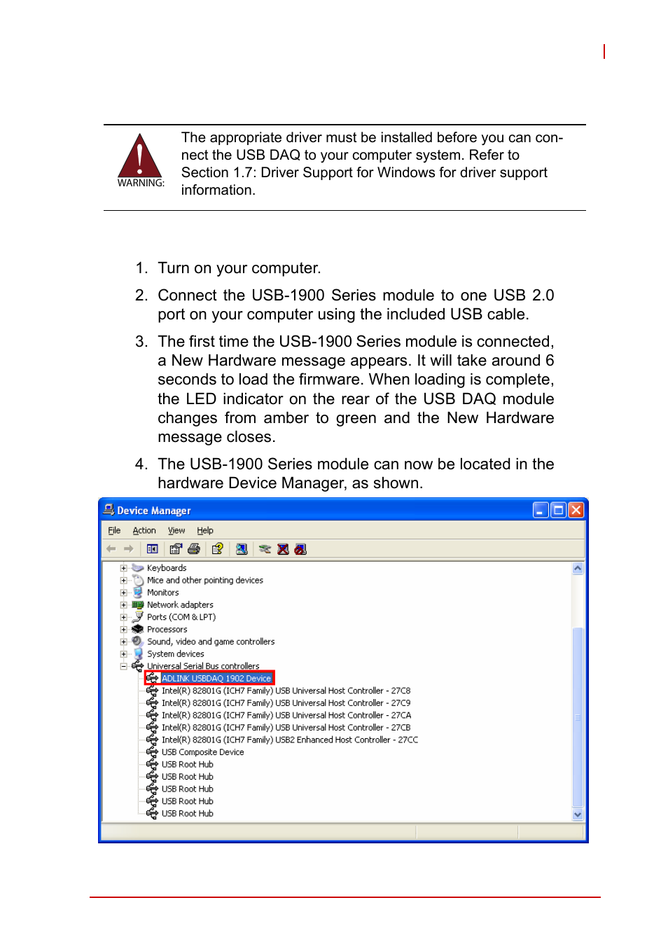 3 installing the usb-1900 series module, 1 connecting the usb-1900 series module, Installing the usb-1900 series module | Desc, Connecting the usb-1900 series module, Figure 3-1, Usb-1900 module in windows device manager | ADLINK USB-1903 User Manual | Page 45 / 84