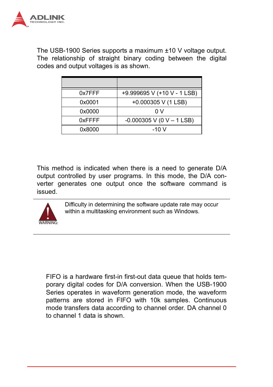 1 bipolar output modes, 2 software update, 3 waveform generation | Bipolar output modes, Software update, Waveform generation, Table 4-2: bipolar output code | ADLINK USB-1903 User Manual | Page 62 / 84