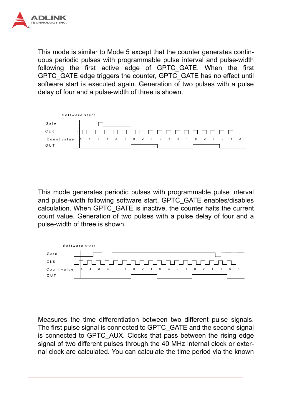 8 mode 8: continuous gated pulse generation, 9 mode 9: edge separation measurement, Mode 8: continuous gated pulse generation | Mode 9: edge separation measurement, Figure 4-24, Mode 7-single-triggered continuous pulse, Figure 4-25, Mode 8-continuous gated pulse, 62 operation, Figure 4-25: mode 8-continuous gated pulse | ADLINK USB-1903 User Manual | Page 76 / 84