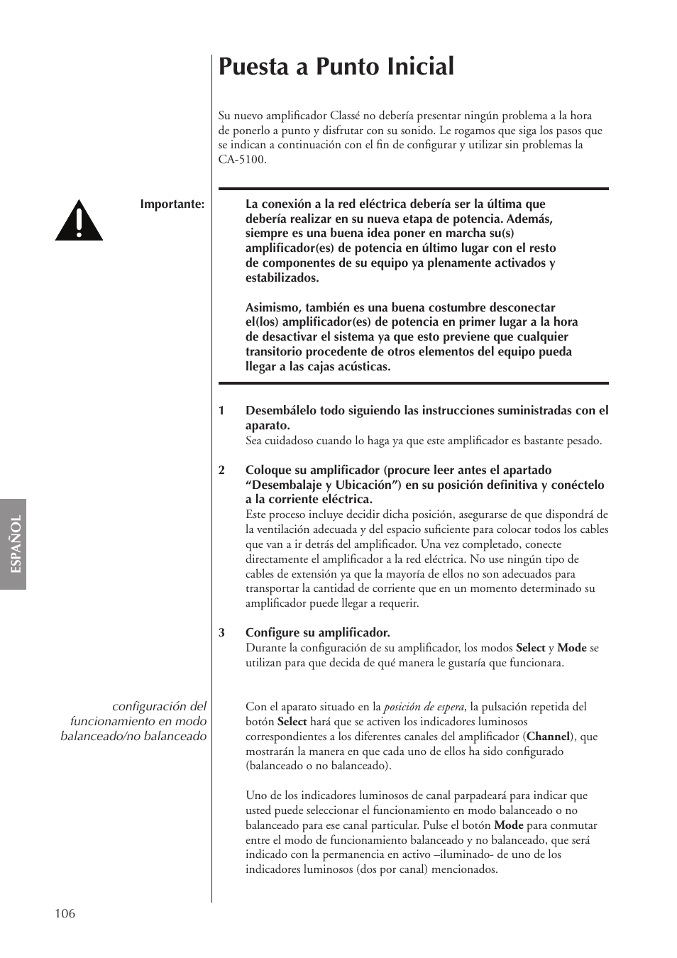 Puesta a punto inicial | Classe Audio CA-5100 User Manual | Page 106 / 180