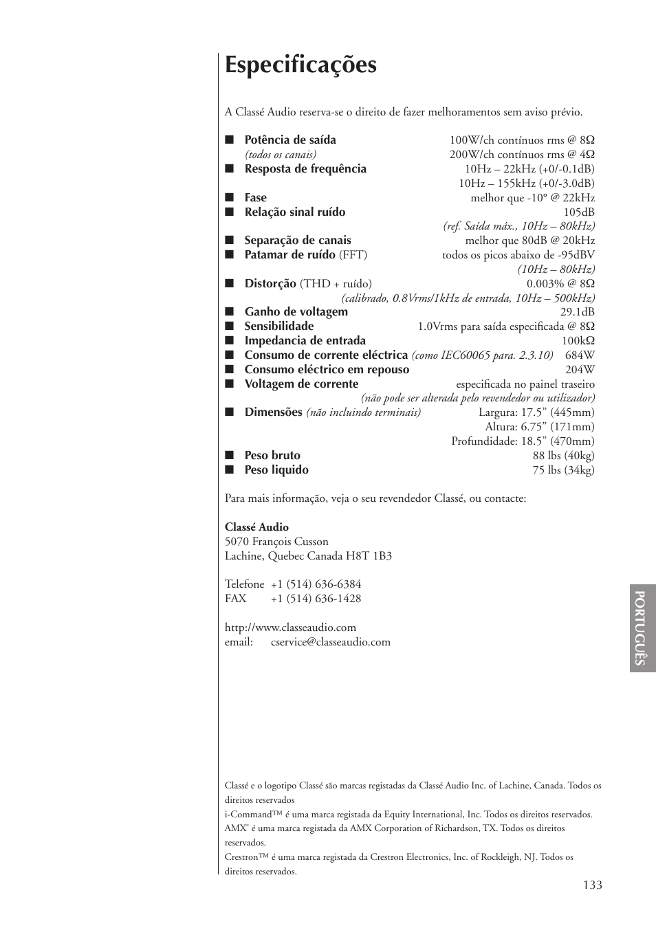 Especiﬁcações | Classe Audio CA-5100 User Manual | Page 133 / 180