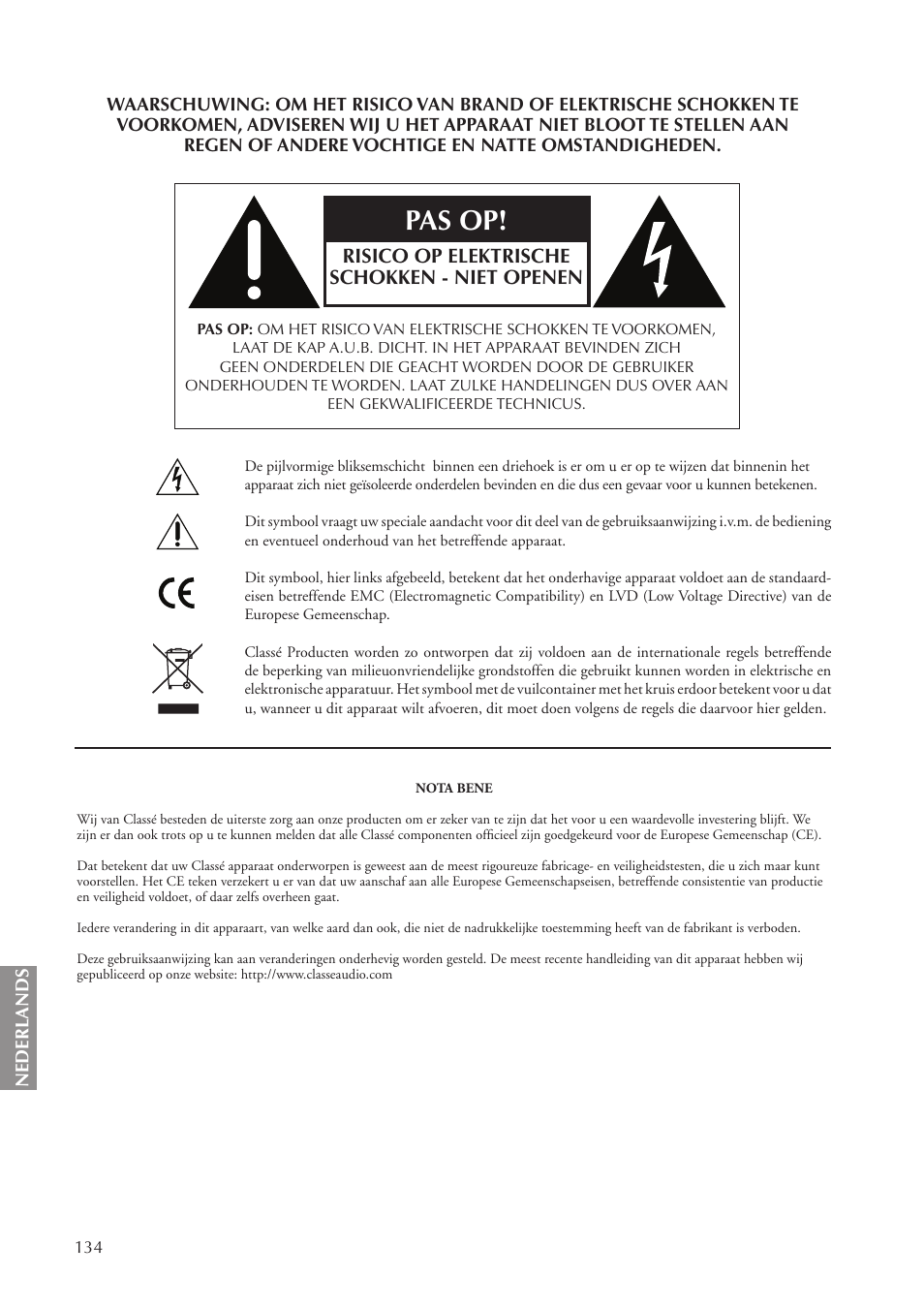 Pas op, Risico op elektrische schokken - niet openen | Classe Audio CA-5100 User Manual | Page 134 / 180