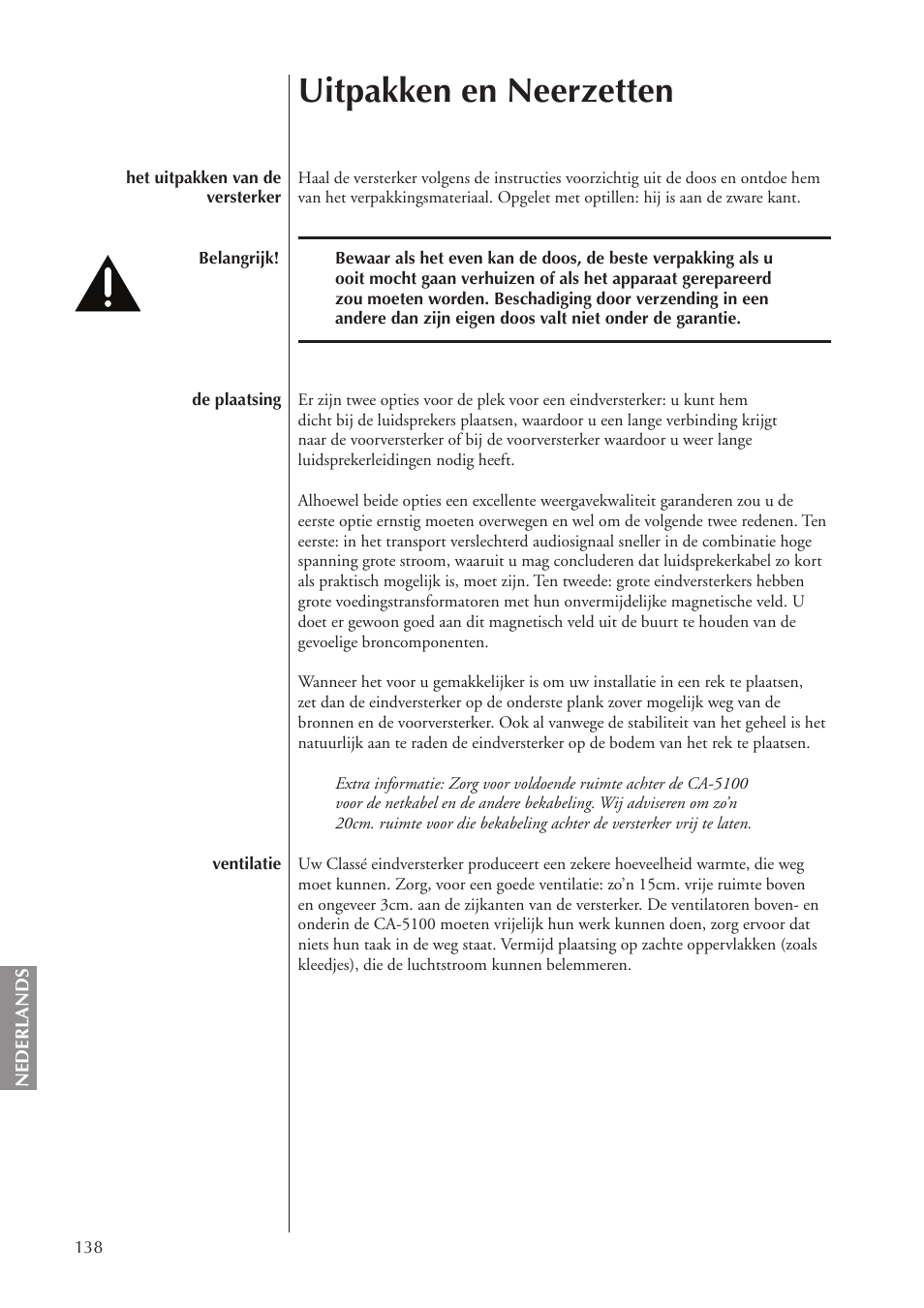 Uitpakken en neerzetten | Classe Audio CA-5100 User Manual | Page 138 / 180