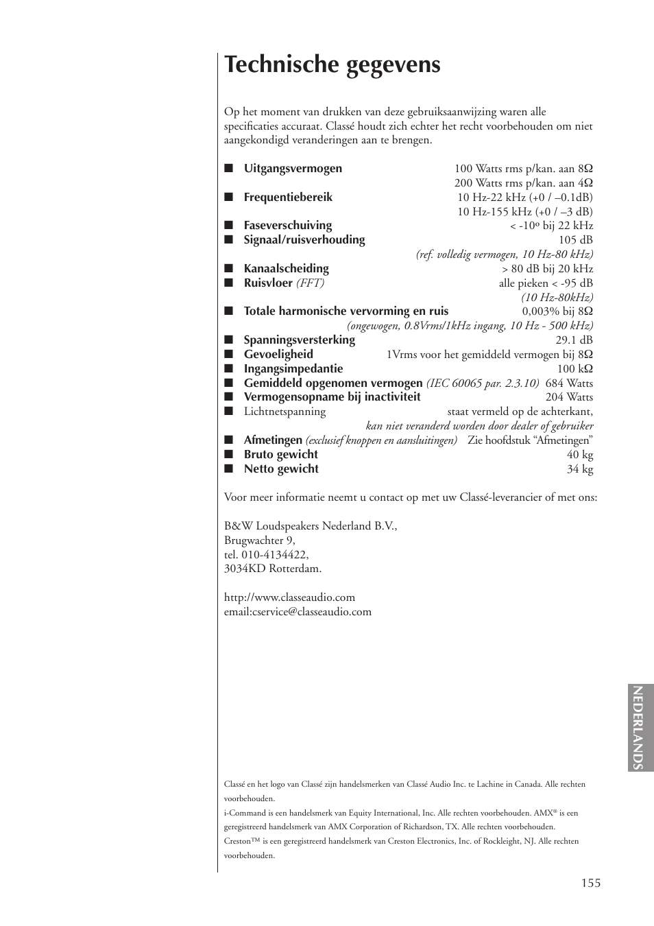 Technische gegevens | Classe Audio CA-5100 User Manual | Page 155 / 180