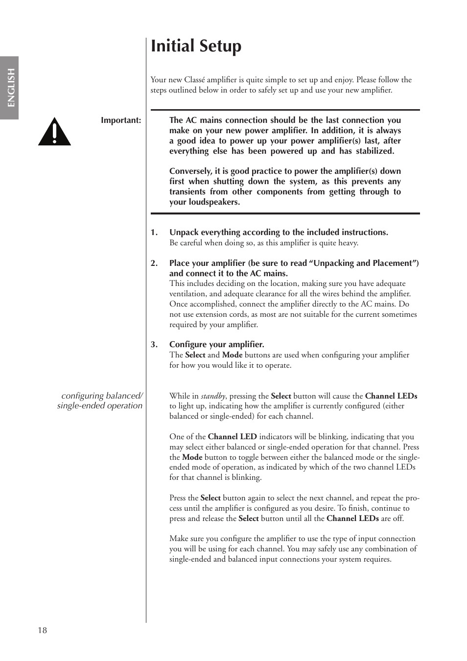 Initial setup | Classe Audio CA-5100 User Manual | Page 18 / 180