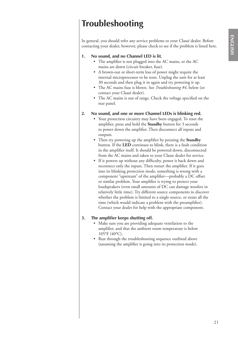 Troubleshooting | Classe Audio CA-5100 User Manual | Page 21 / 180