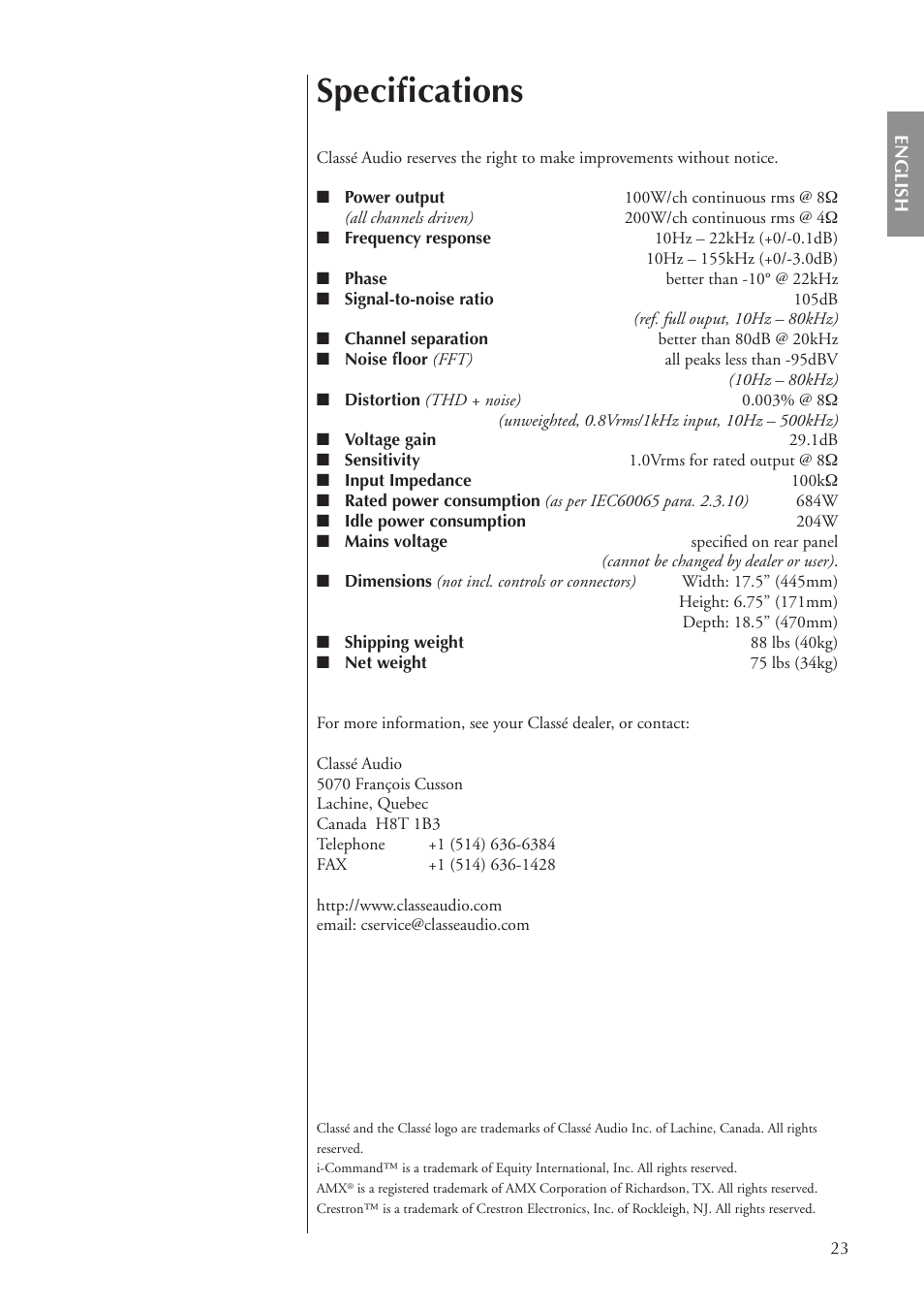 Speciﬁcations | Classe Audio CA-5100 User Manual | Page 23 / 180