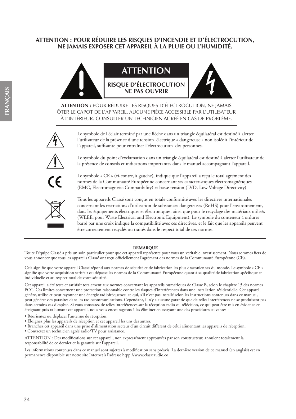 Attention | Classe Audio CA-5100 User Manual | Page 24 / 180
