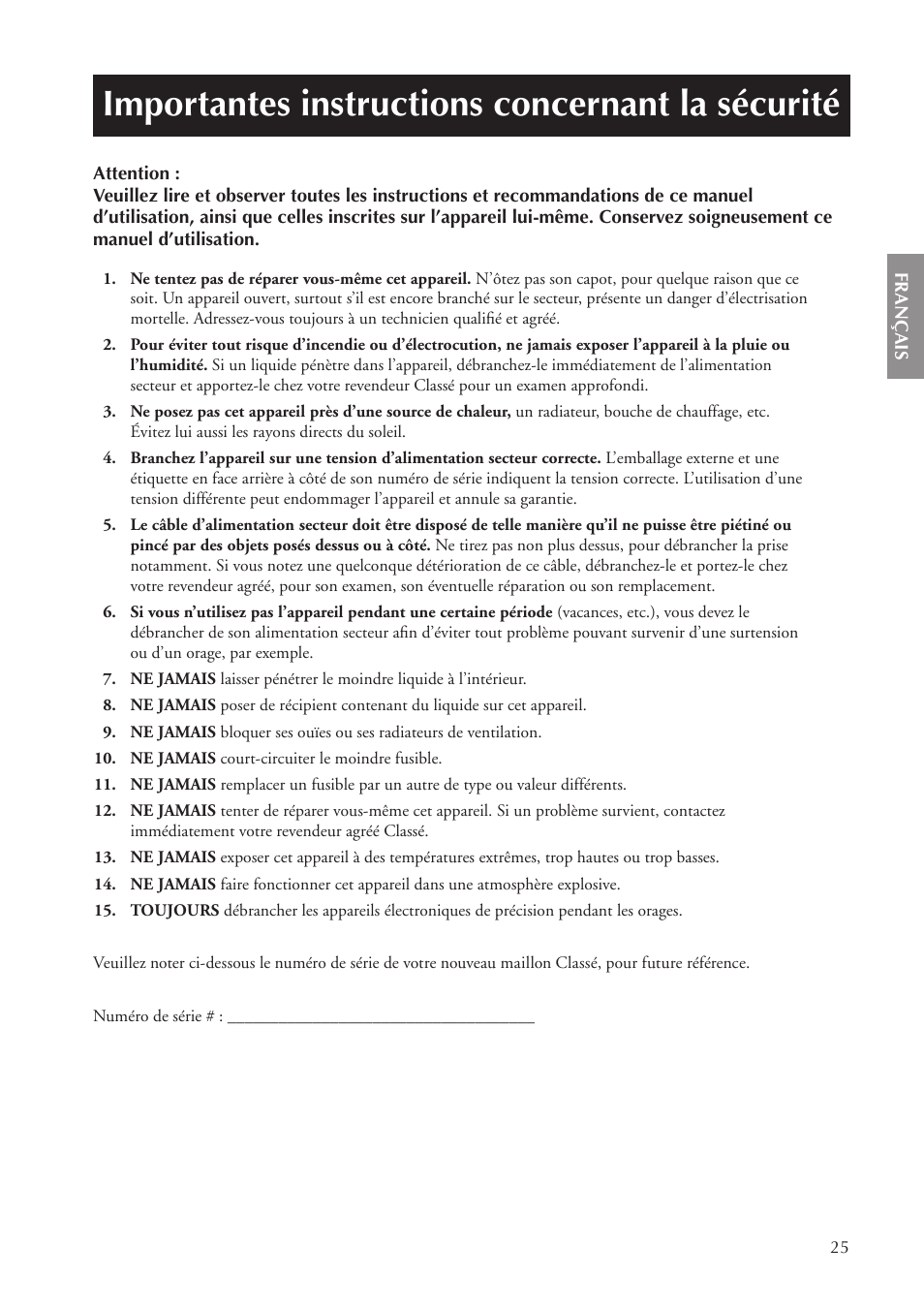 Importantes instructions concernant la sécurité | Classe Audio CA-5100 User Manual | Page 25 / 180