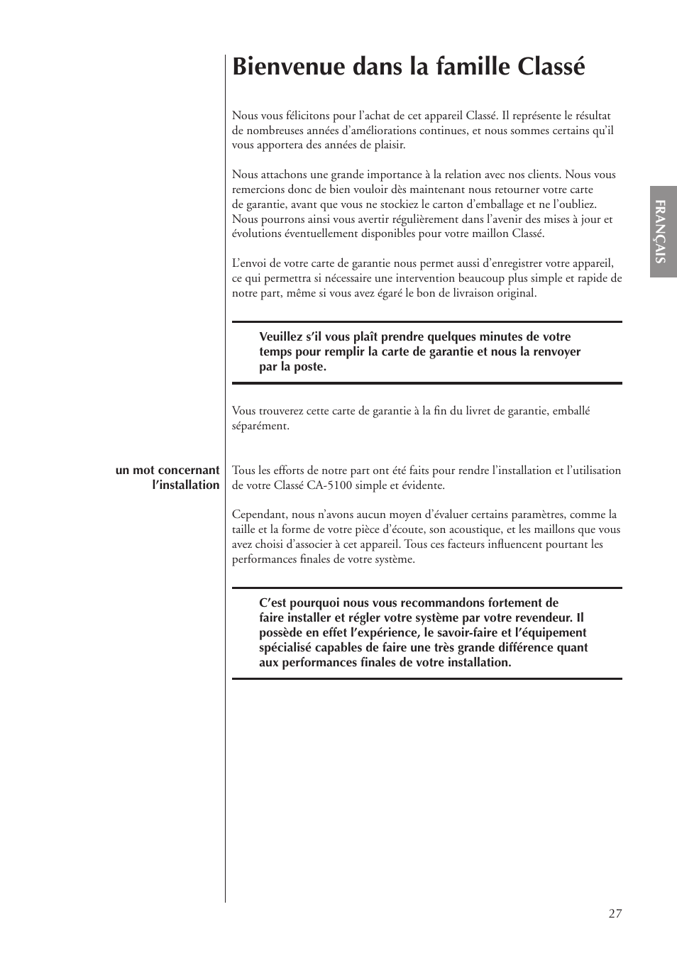 Bienvenue dans la famille classé | Classe Audio CA-5100 User Manual | Page 27 / 180