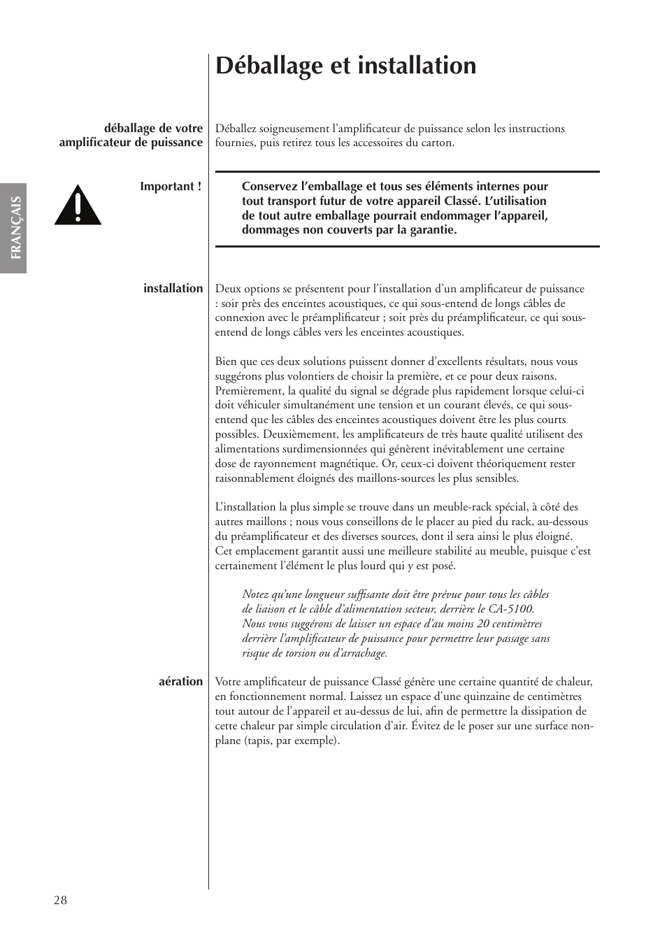 Déballage et installation | Classe Audio CA-5100 User Manual | Page 28 / 180