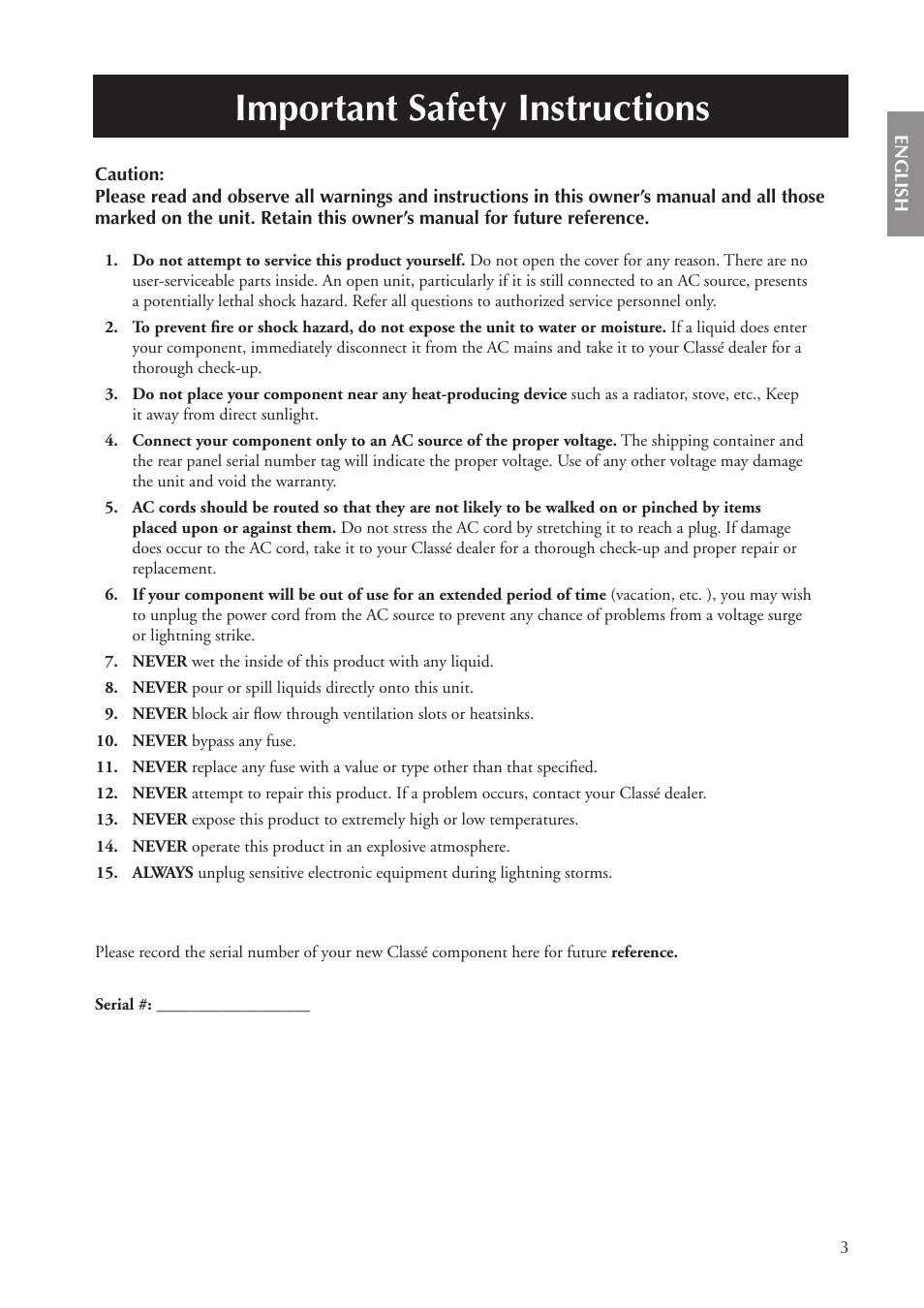 Important safety instructions | Classe Audio CA-5100 User Manual | Page 3 / 180