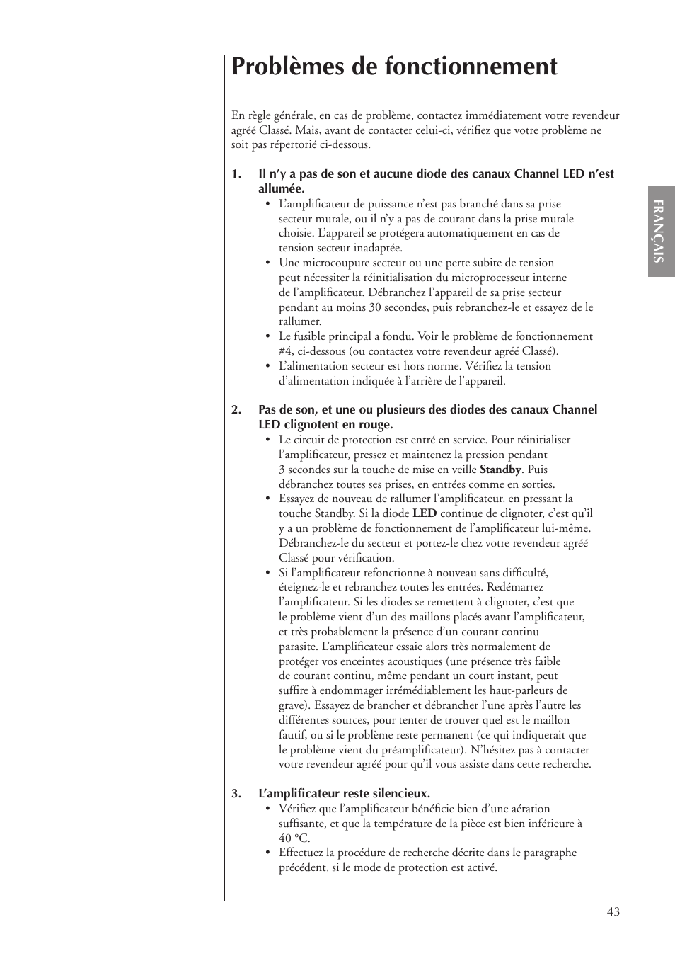 Problèmes de fonctionnement | Classe Audio CA-5100 User Manual | Page 43 / 180