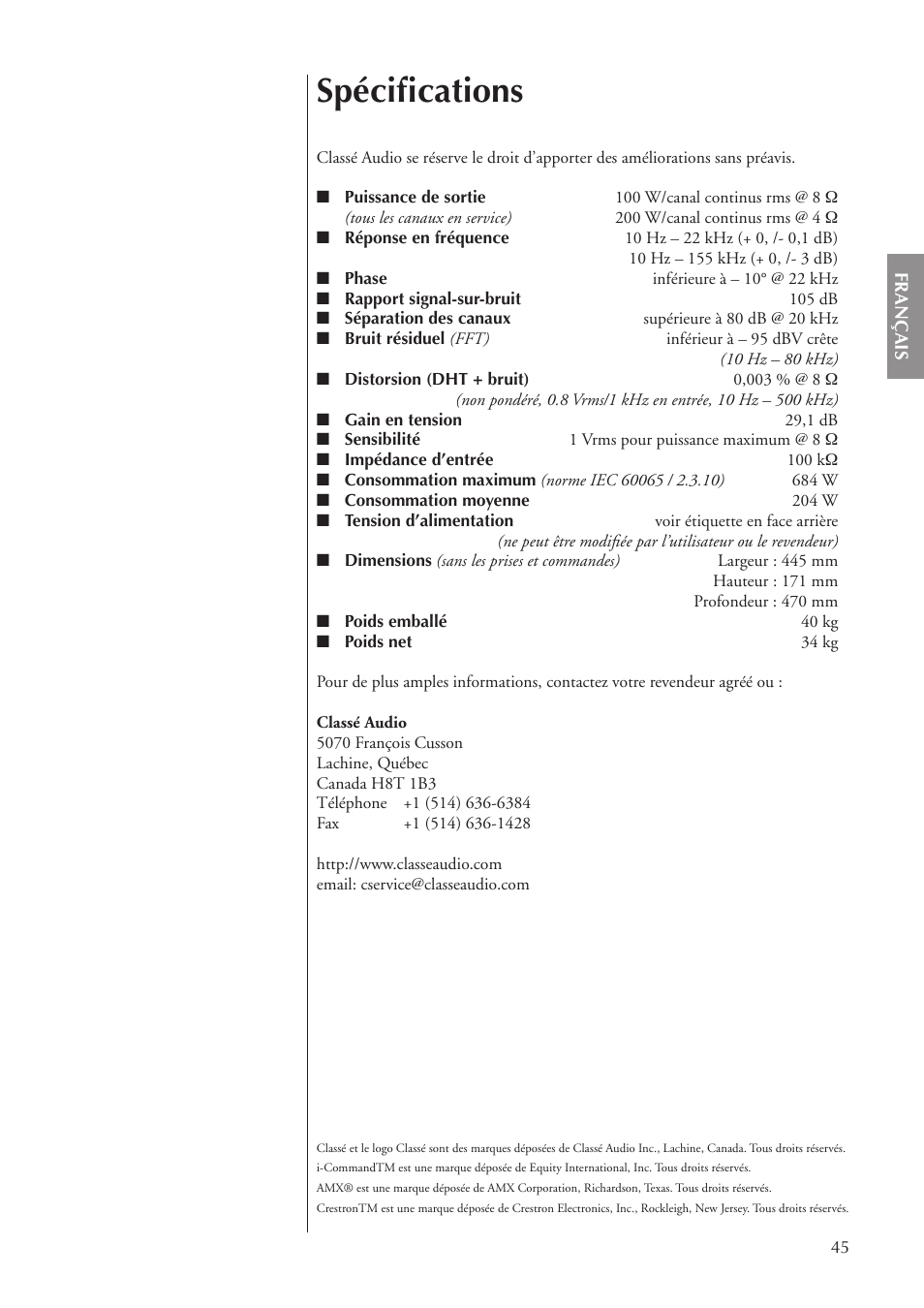 Spéciﬁcations | Classe Audio CA-5100 User Manual | Page 45 / 180