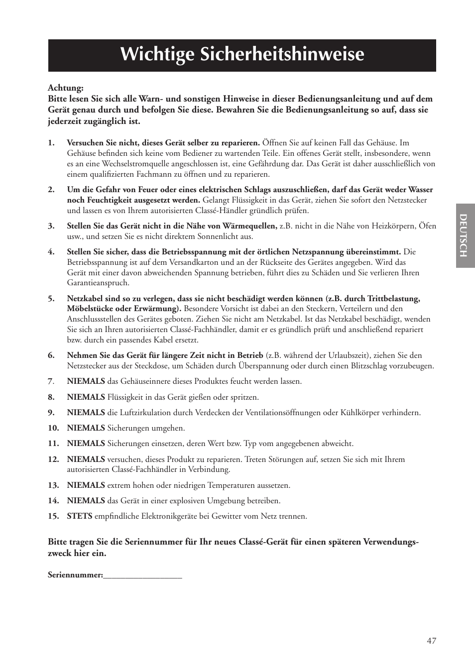 Wichtige sicherheitshinweise | Classe Audio CA-5100 User Manual | Page 47 / 180