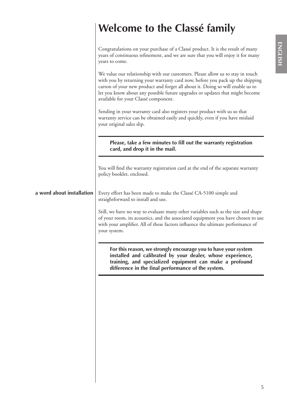 Welcome to the classé family | Classe Audio CA-5100 User Manual | Page 5 / 180