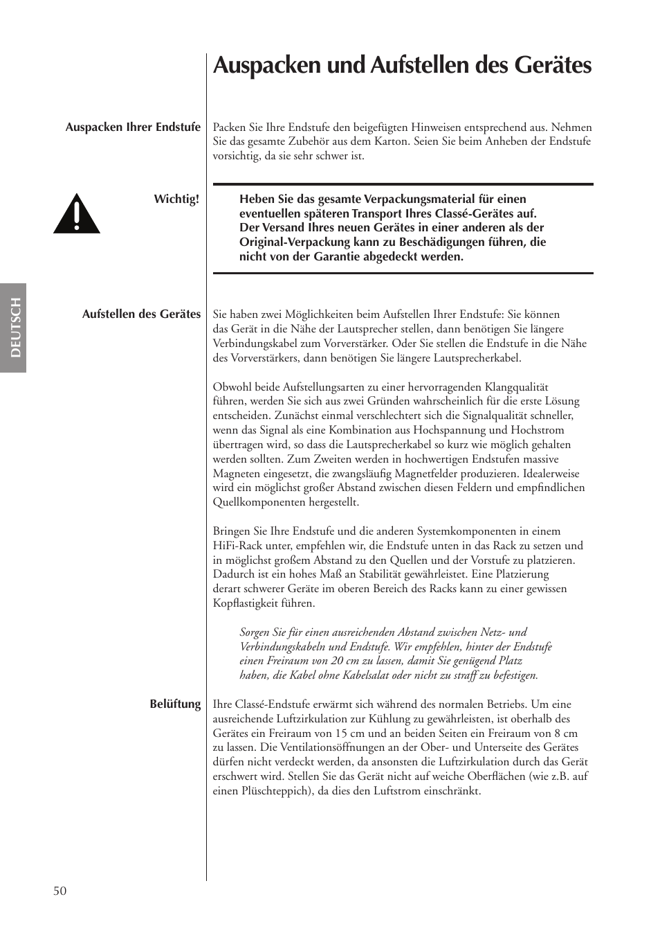 Auspacken und aufstellen des gerätes | Classe Audio CA-5100 User Manual | Page 50 / 180