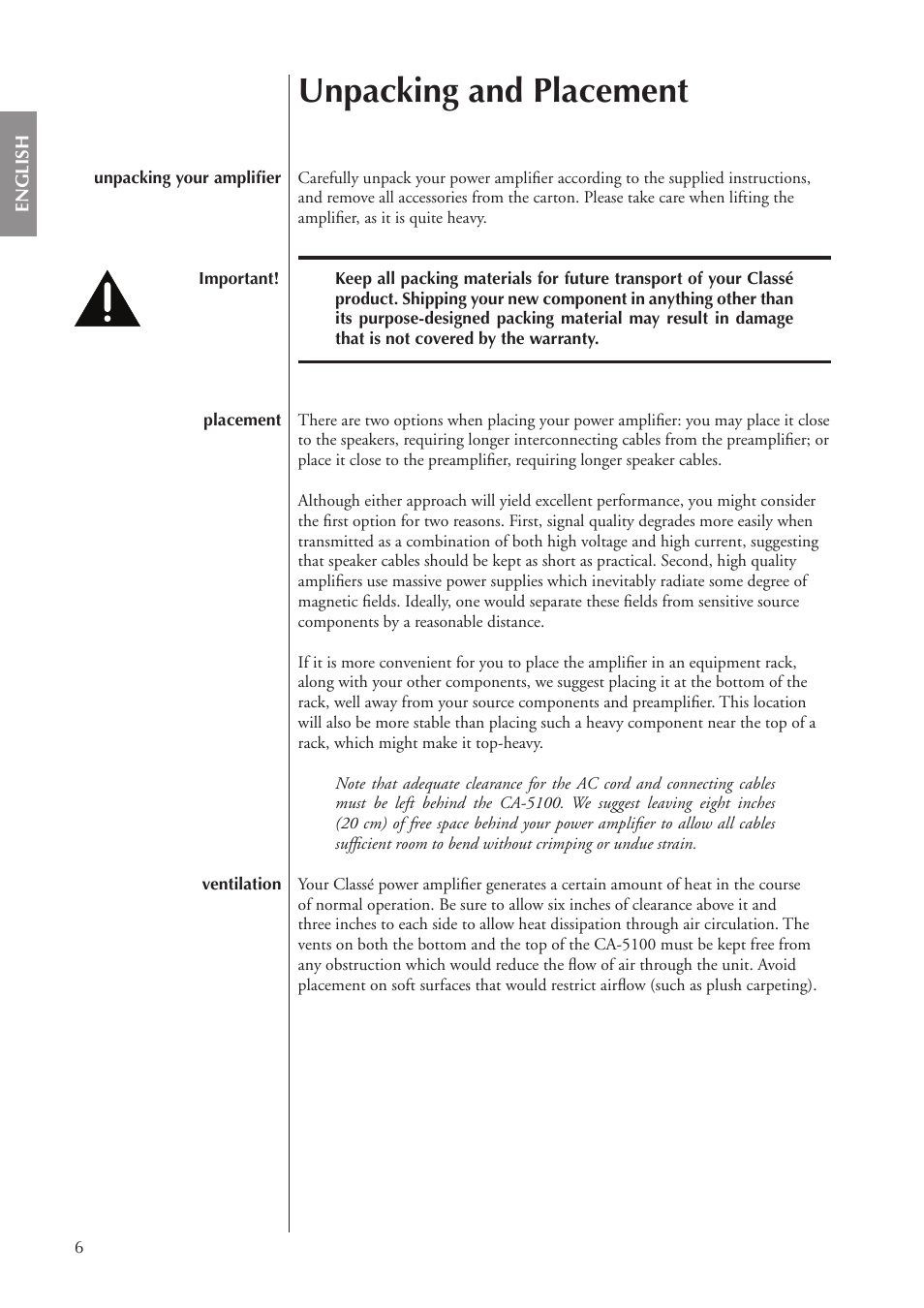 Unpacking and placement | Classe Audio CA-5100 User Manual | Page 6 / 180