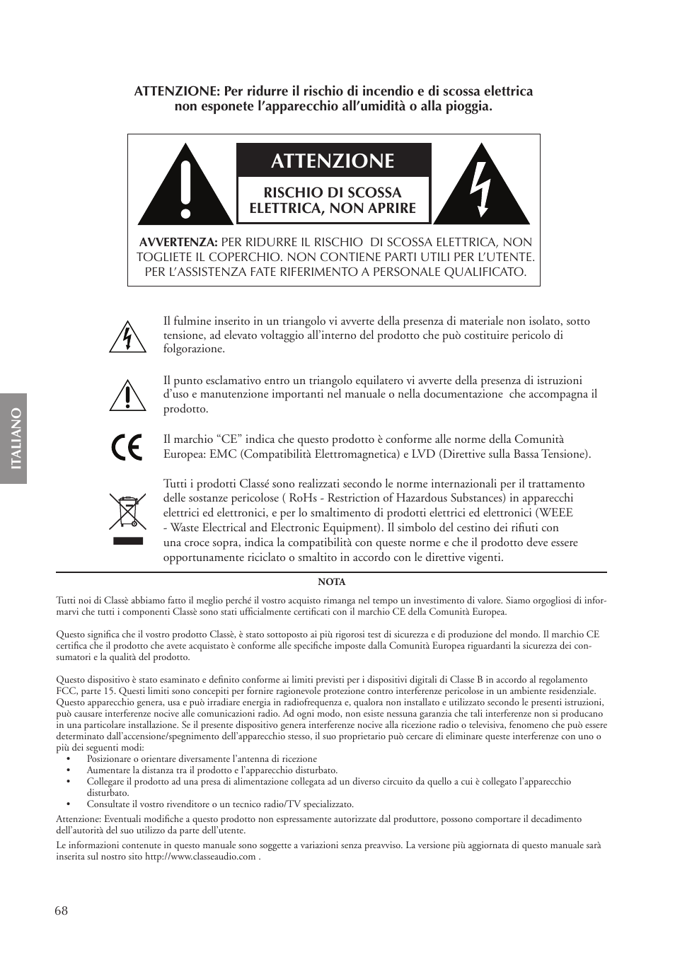 Attenzione, Rischio di scossa elettrica, non aprire | Classe Audio CA-5100 User Manual | Page 68 / 180