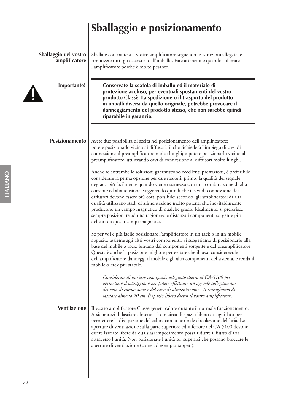Sballaggio e posizionamento | Classe Audio CA-5100 User Manual | Page 72 / 180