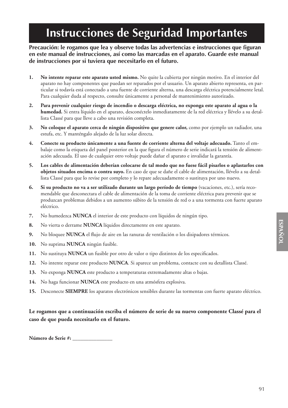 Instrucciones de seguridad importantes | Classe Audio CA-5100 User Manual | Page 91 / 180