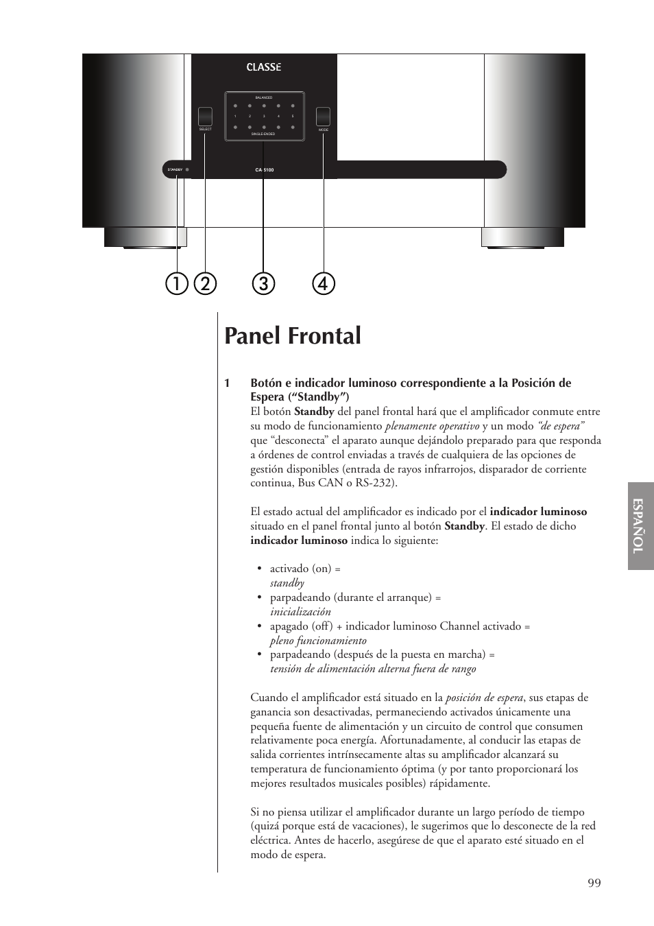 Panel frontal, Esp añol | Classe Audio CA-5100 User Manual | Page 99 / 180
