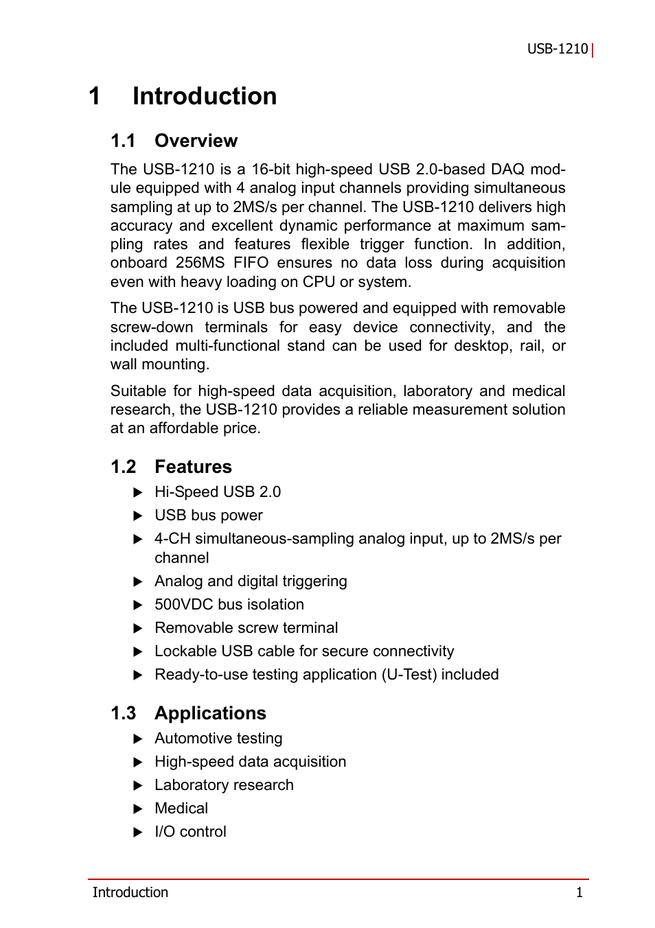 1 introduction, 1 overview, 2 features | 3 applications, Overview, Features, Applications, 1introduction | ADLINK USB-1210 User Manual | Page 11 / 54