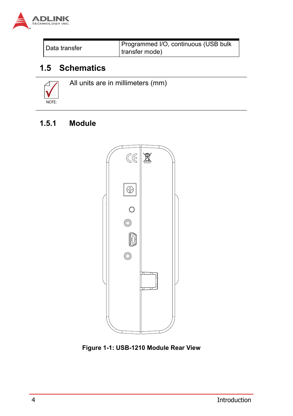 5 schematics, 1 module, Schematics | Module, Figure 1-1, Usb-1210 module rear view | ADLINK USB-1210 User Manual | Page 14 / 54