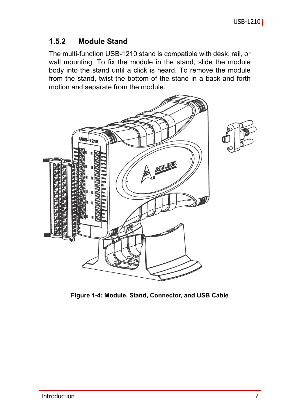 2 module stand, Module stand, Figure 1-4 | Module, stand, connector, and usb cable | ADLINK USB-1210 User Manual | Page 17 / 54