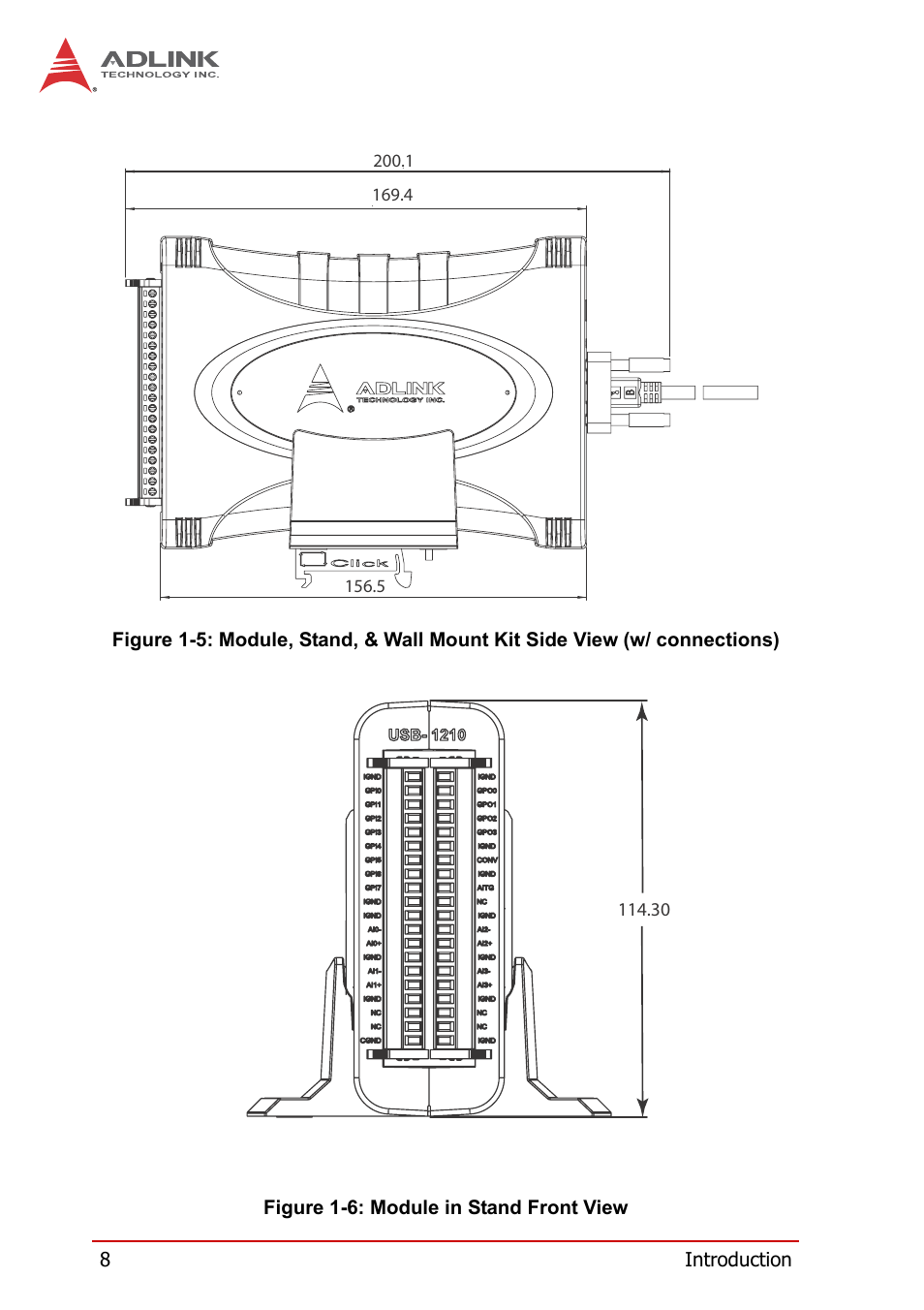 Figure 1-5, Module, stand, & wall mount kit side view, Figure 1-6 | Module in stand front view | ADLINK USB-1210 User Manual | Page 18 / 54