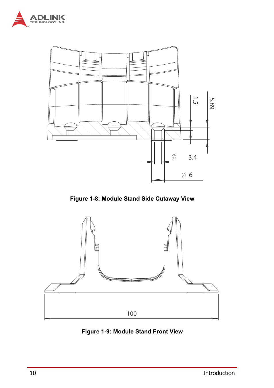 Figure 1-8, Module stand side cutaway view, Figure 1-9 | Module stand front view | ADLINK USB-1210 User Manual | Page 20 / 54