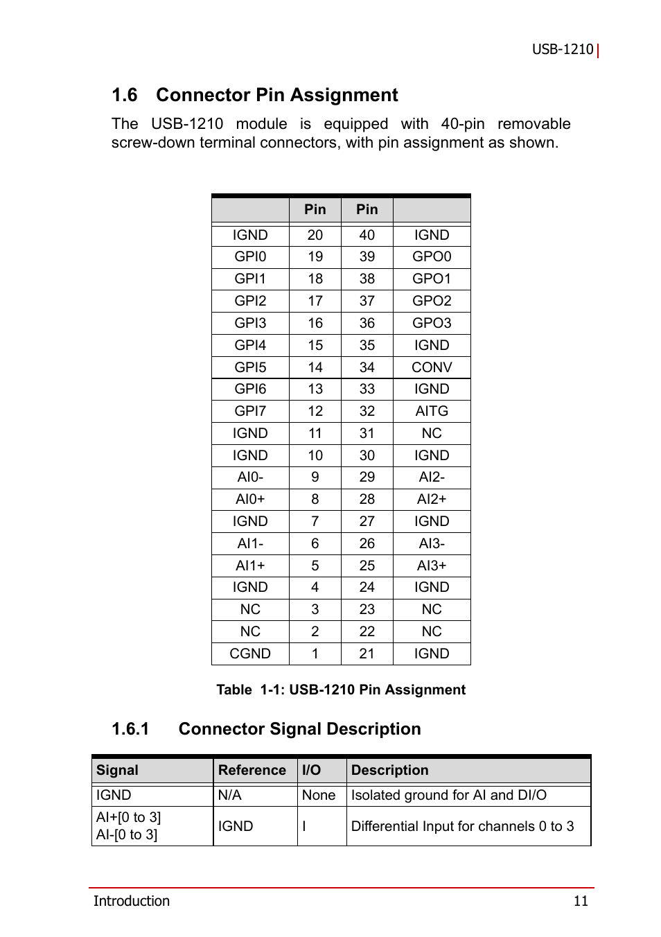 6 connector pin assignment, 1 connector signal description, Connector pin assignment | Connector signal description, Table 1-1: usb-1210 pin assignment | ADLINK USB-1210 User Manual | Page 21 / 54