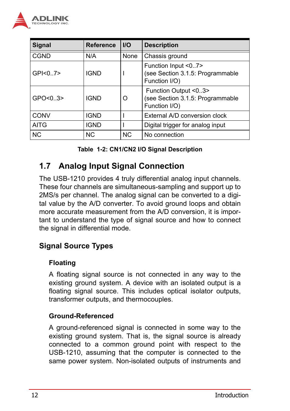 7 analog input signal connection, Signal source types, Analog input signal connection | Table 1-2: cn1/cn2 i/o signal description | ADLINK USB-1210 User Manual | Page 22 / 54