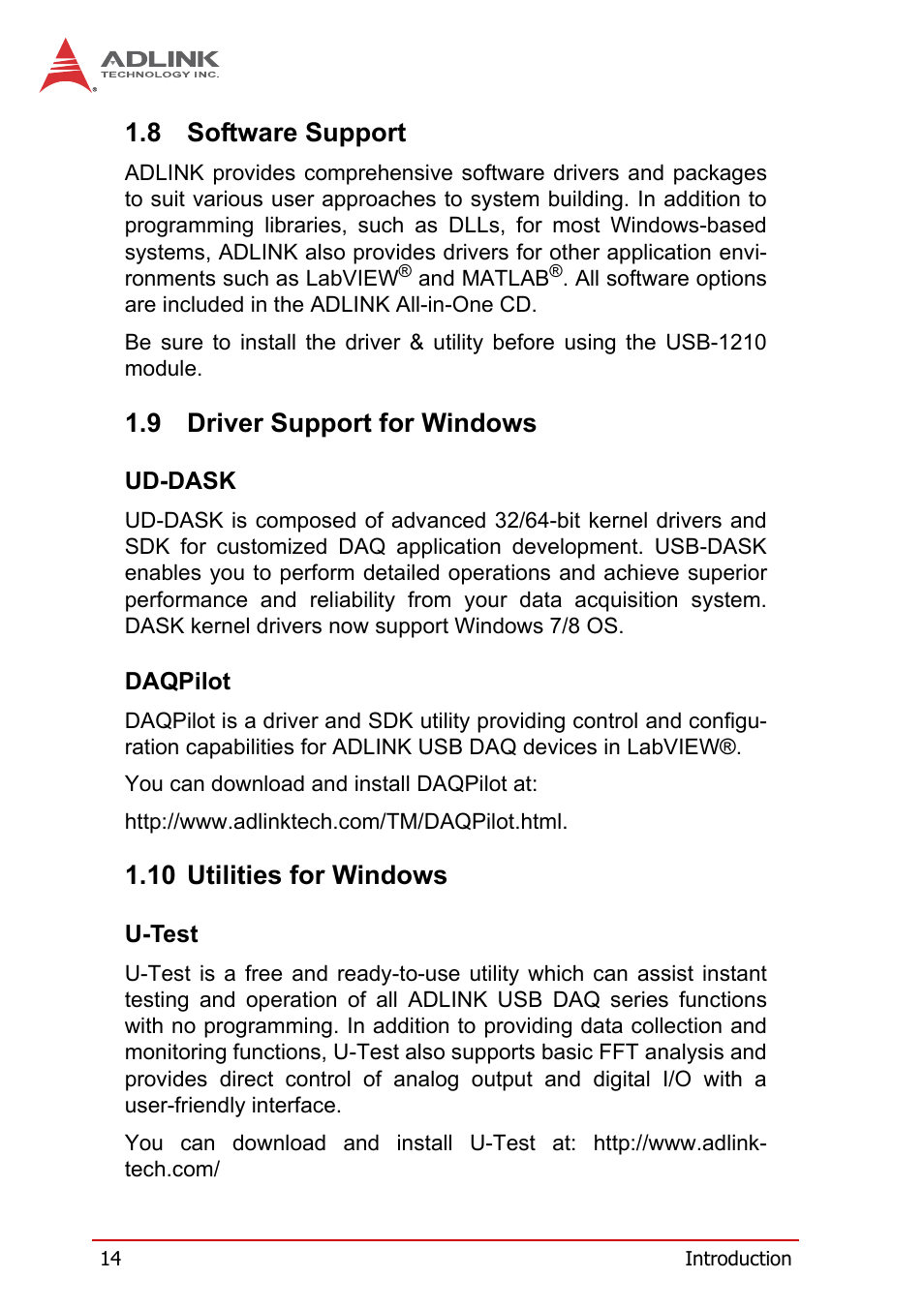 8 software support, 9 driver support for windows, Ud-dask | Daqpilot, 10 utilities for windows, U-test, Software support, Driver support for windows | ADLINK USB-1210 User Manual | Page 24 / 54