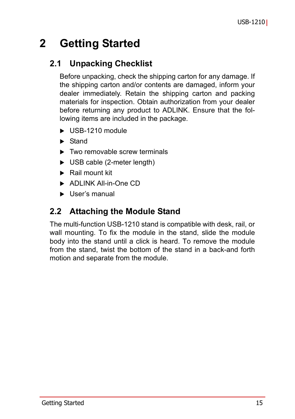 2 getting started, 1 unpacking checklist, 2 attaching the module stand | Unpacking checklist, Attaching the module stand, 2getting started | ADLINK USB-1210 User Manual | Page 25 / 54