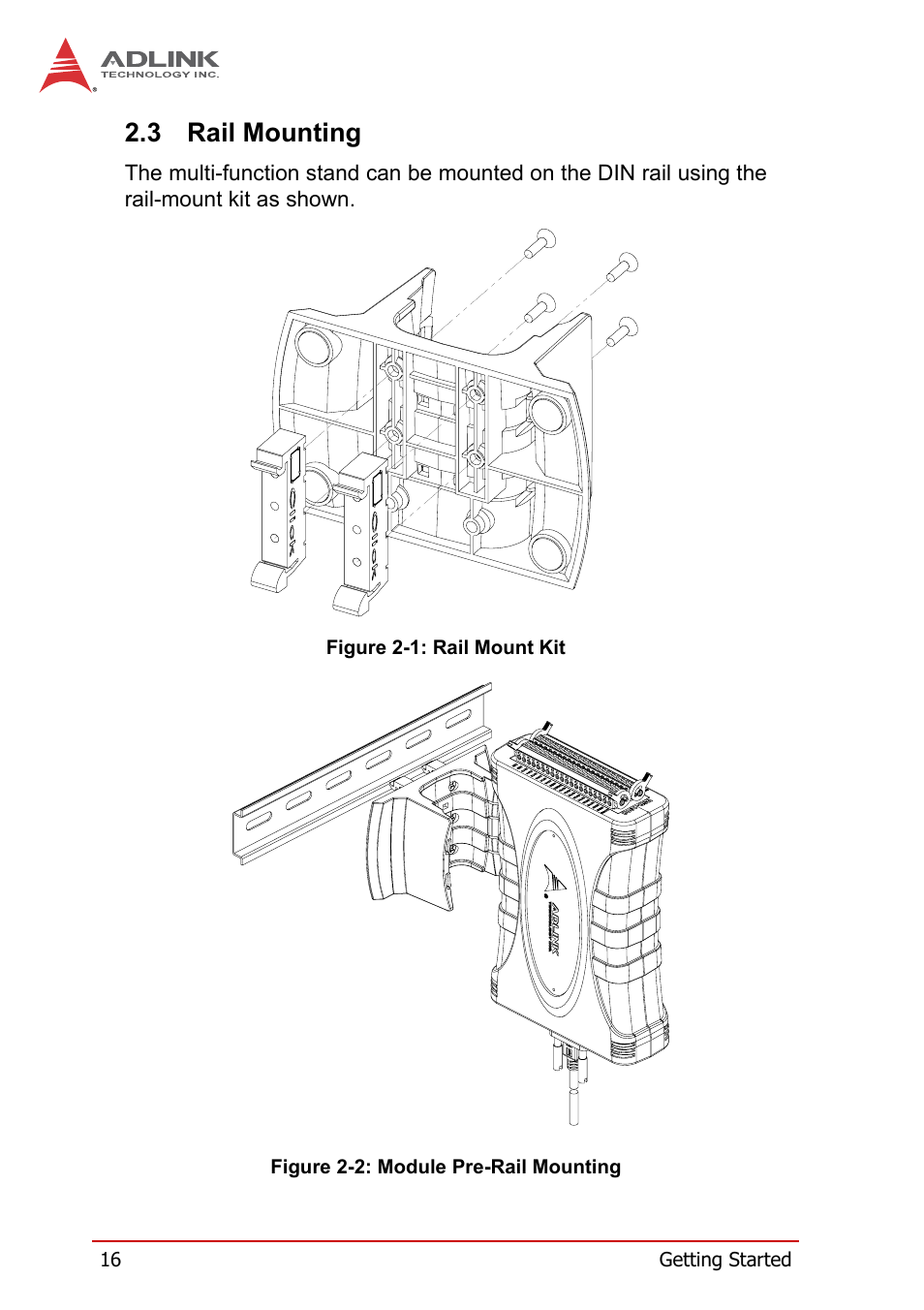 3 rail mounting, Rail mounting, Figure 2-1 | Rail mount kit, Figure 2-2, Module pre-rail mounting | ADLINK USB-1210 User Manual | Page 26 / 54