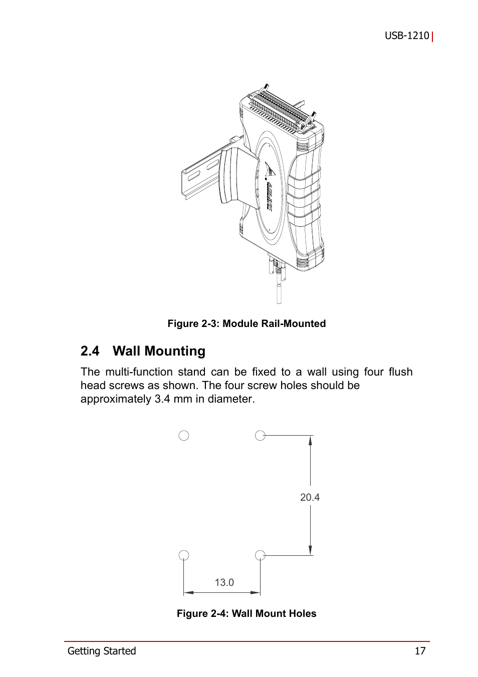 4 wall mounting, Wall mounting, Figure 2-3 | Module rail-mounted, Figure 2-4, Wall mount holes | ADLINK USB-1210 User Manual | Page 27 / 54