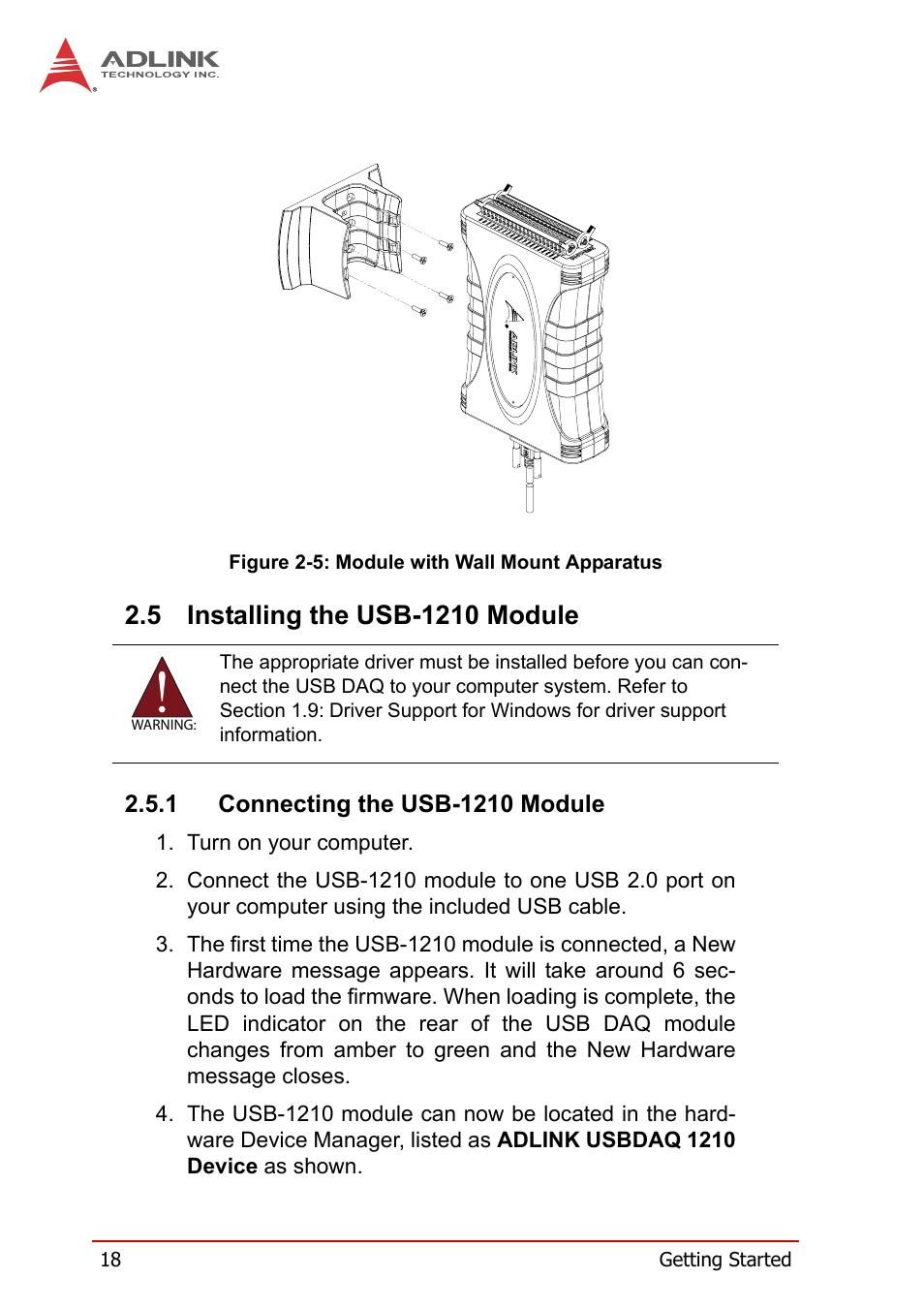 5 installing the usb-1210 module, 1 connecting the usb-1210 module, Installing the usb-1210 module | Connecting the usb-1210 module, Figure 2-5, Module with wall mount apparatus | ADLINK USB-1210 User Manual | Page 28 / 54