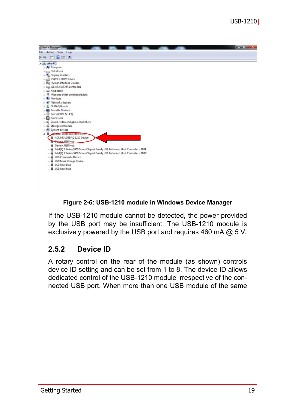 2 device id, Device id, Figure 2-6 | Usb-1210 module in windows device manager | ADLINK USB-1210 User Manual | Page 29 / 54