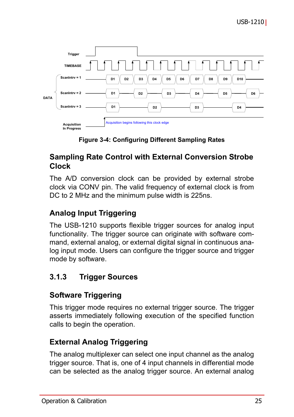 Analog input triggering, 3 trigger sources, Software triggering | External analog triggering, Trigger sources, Figure 3-4, Configuring different sampling rates, 3 trigger sources software triggering | ADLINK USB-1210 User Manual | Page 35 / 54