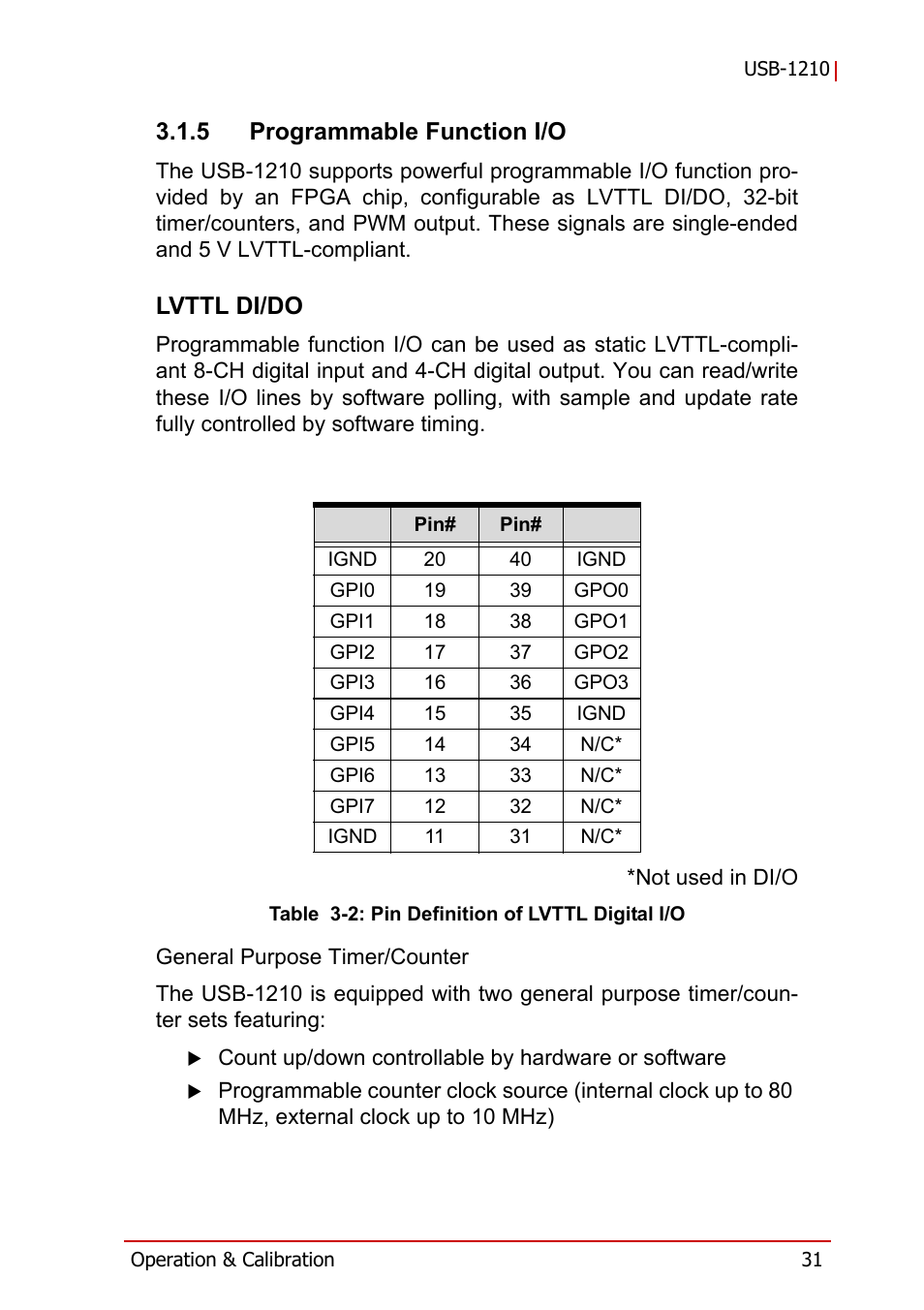 5 programmable function i/o, Lvttl di/do, Programmable function i/o | Table 3-2: pin definition of lvttl digital i/o | ADLINK USB-1210 User Manual | Page 41 / 54