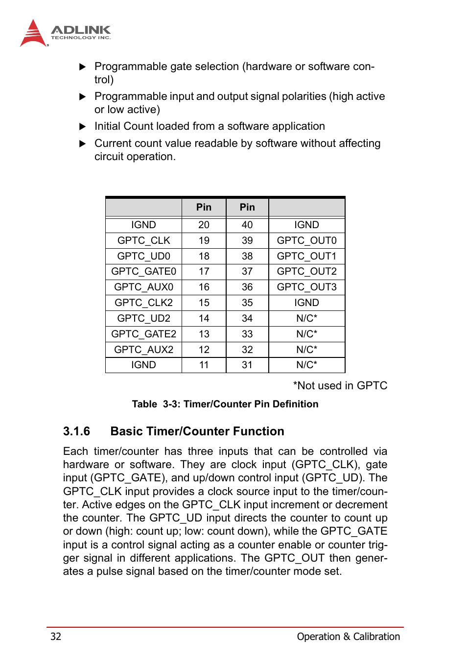 6 basic timer/counter function, Basic timer/counter function, Table 3-3: timer/counter pin definition | ADLINK USB-1210 User Manual | Page 42 / 54