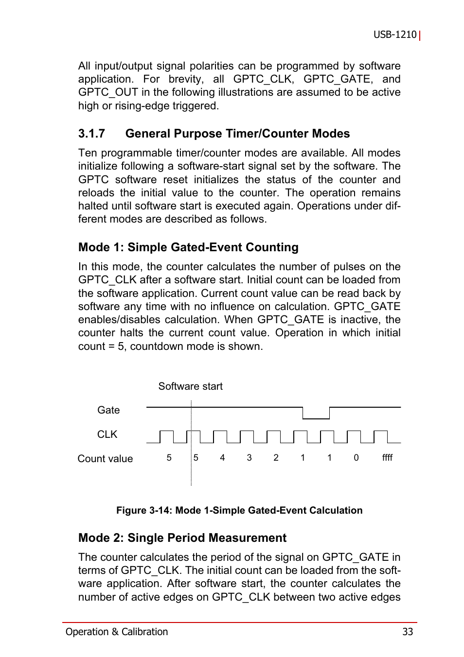 7 general purpose timer/counter modes, Mode 1: simple gated-event counting, Mode 2: single period measurement | General purpose timer/counter modes, Figure 3-14, Mode 1-simple gated-event calculation | ADLINK USB-1210 User Manual | Page 43 / 54