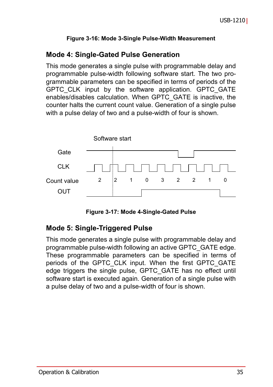 Mode 4: single-gated pulse generation, Mode 5: single-triggered pulse, Figure 3-16 | Mode 3-single pulse-width measurement, Figure 3-17, Mode 4-single-gated pulse | ADLINK USB-1210 User Manual | Page 45 / 54