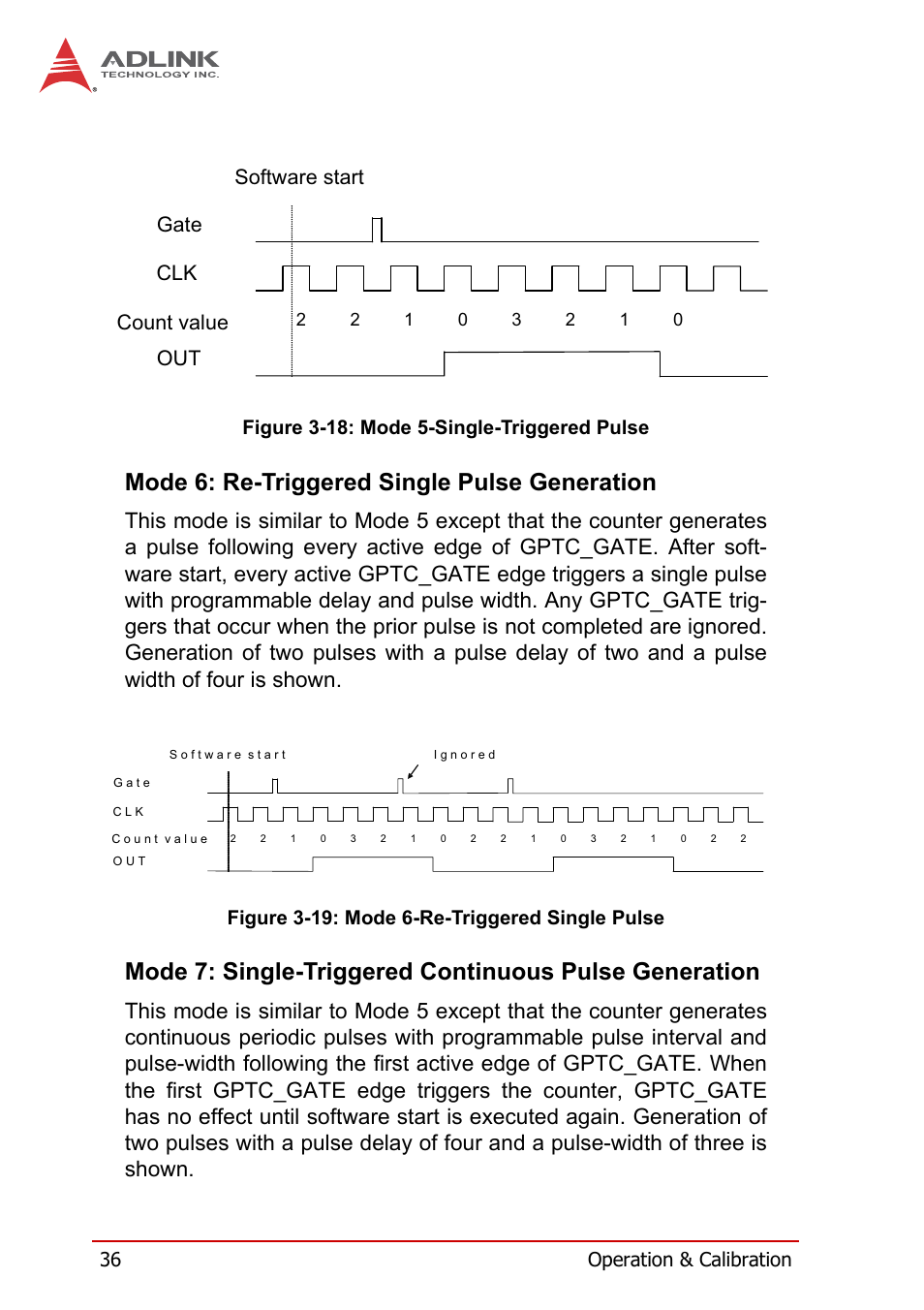 Mode 6: re-triggered single pulse generation, Figure 3-18, Mode 5-single-triggered pulse | Figure 3-19, Mode 6-re-triggered single pulse, Gate clk count value out software start, Figure 3-19: mode 6-re-triggered single pulse | ADLINK USB-1210 User Manual | Page 46 / 54