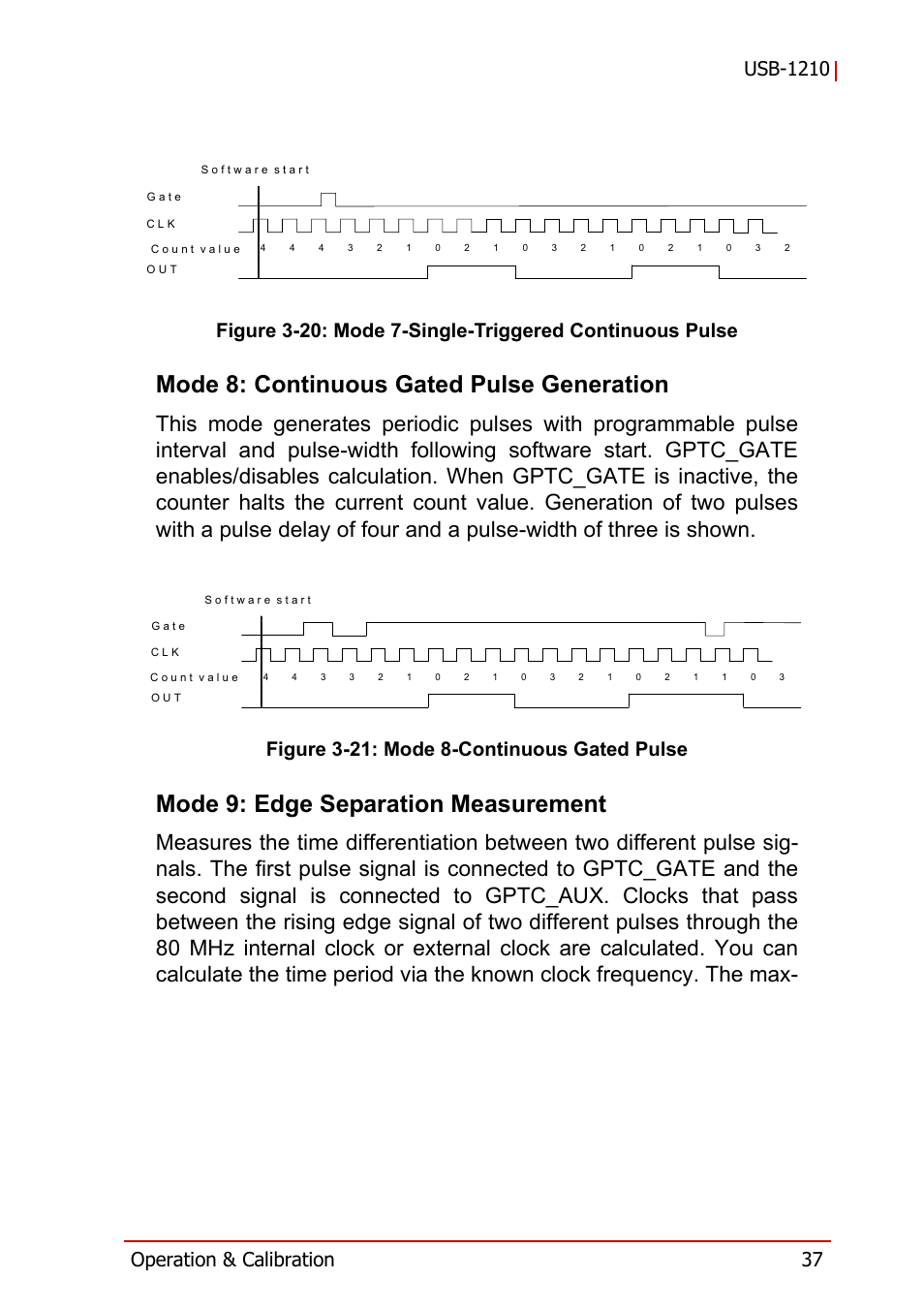 Mode 8: continuous gated pulse generation, Mode 9: edge separation measurement, Figure 3-20 | Mode 7-single-triggered continuous pulse, Figure 3-21, Mode 8-continuous gated pulse, Figure 3-21: mode 8-continuous gated pulse | ADLINK USB-1210 User Manual | Page 47 / 54