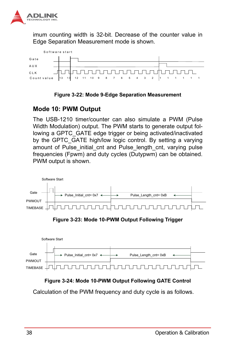 Mode 10: pwm output, Figure 3-22, Mode 9-edge separation measurement | Figure 3-23, Mode 10-pwm output following trigger, Figure 3-24, Mode 10-pwm output following gate control, 38 operation & calibration, Figure 3-22: mode 9-edge separation measurement | ADLINK USB-1210 User Manual | Page 48 / 54