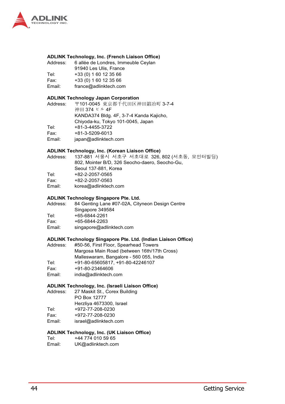 44 getting service | ADLINK USB-1210 User Manual | Page 54 / 54