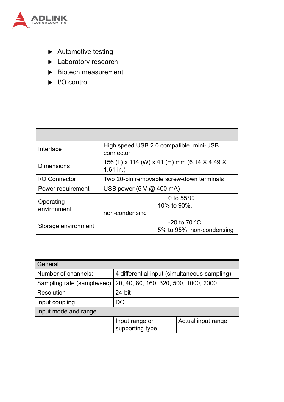 3 applications, 4 specifications, 1 general specifications | 2 general analog input, Applications, Specifications, General specifications, General analog input | ADLINK USB-2401 User Manual | Page 12 / 60