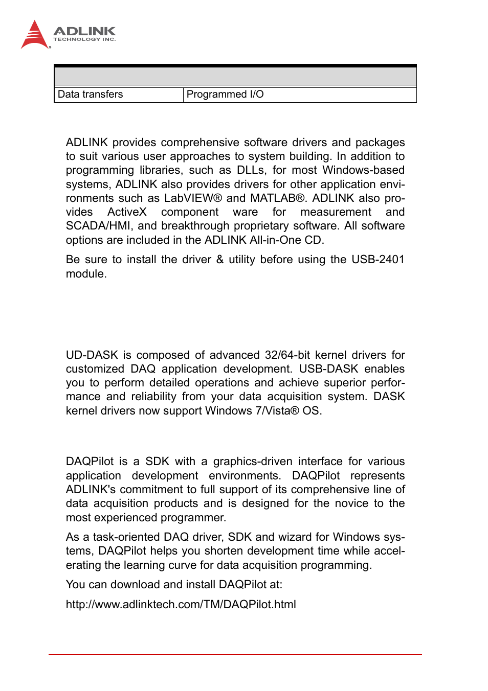 5 software support, 6 driver support for windows, 1 ud-dask | 2 daqpilot, Software support, Driver support for windows | ADLINK USB-2401 User Manual | Page 18 / 60